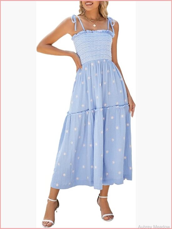 Dresses & Skirts - Floral Embroidered Maxi Dress Sleeveless Tie Shoulder Smocked Flowy Boho